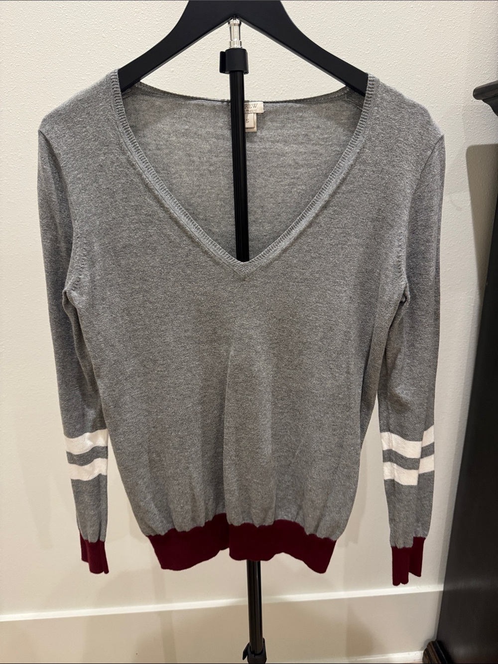 J. Crew Gray V-Neck Sweater with Burgundy Trim